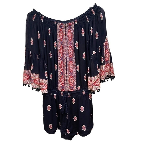 Anthropologie Lina Vada Boho Print Bell Sleeve Pom Pom Romper Black Red SZ M - Picture 5 of 9